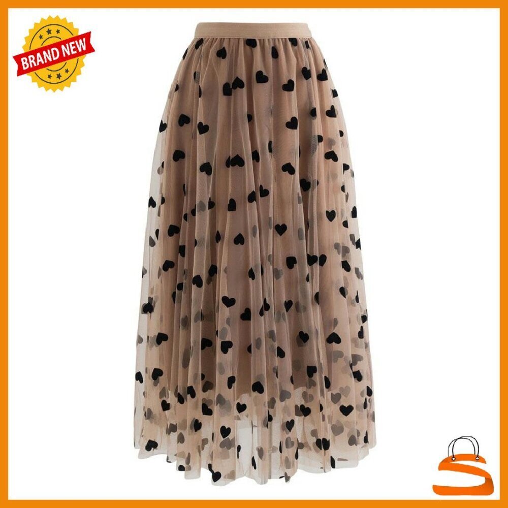 Double-Layer Mesh Midi Skirt with 3D Velvet Heart Trim Elastic Waist